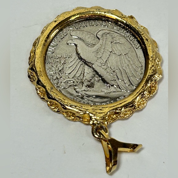 1944 Gold Gilded Plated Silver Walking Liberty Half Dollar Necklace Pendant - Picture 5 of 6